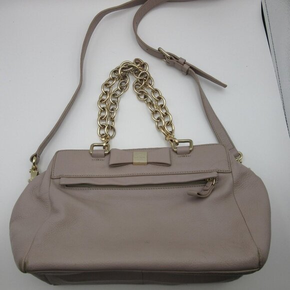 Kate Spade Purse Pebbled Leather Gray Beige Bow Shoulder Strap Chain Handles Bag - Picture 1 of 9